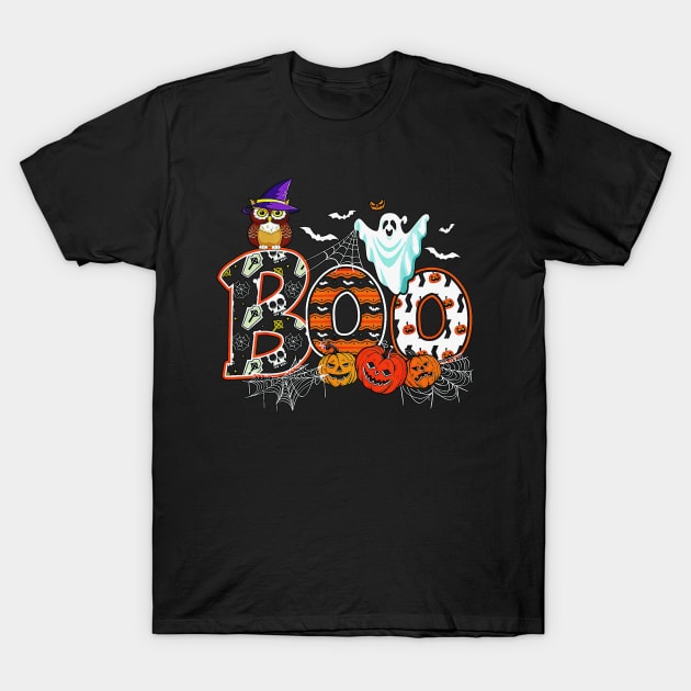 vintage Boo Creepy Owl Pumpkin Ghost Funny Halloween Costume T-Shirt by masterpiecesai